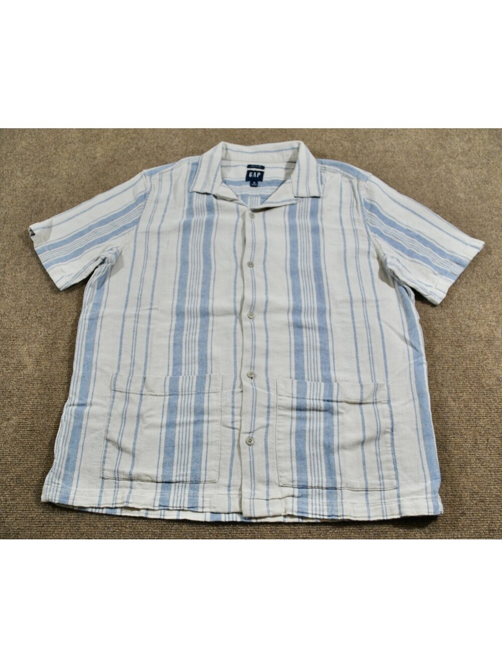 Gap Made With Linen Summer Beach Casual Mens White Blue Button Shirt Size Medium